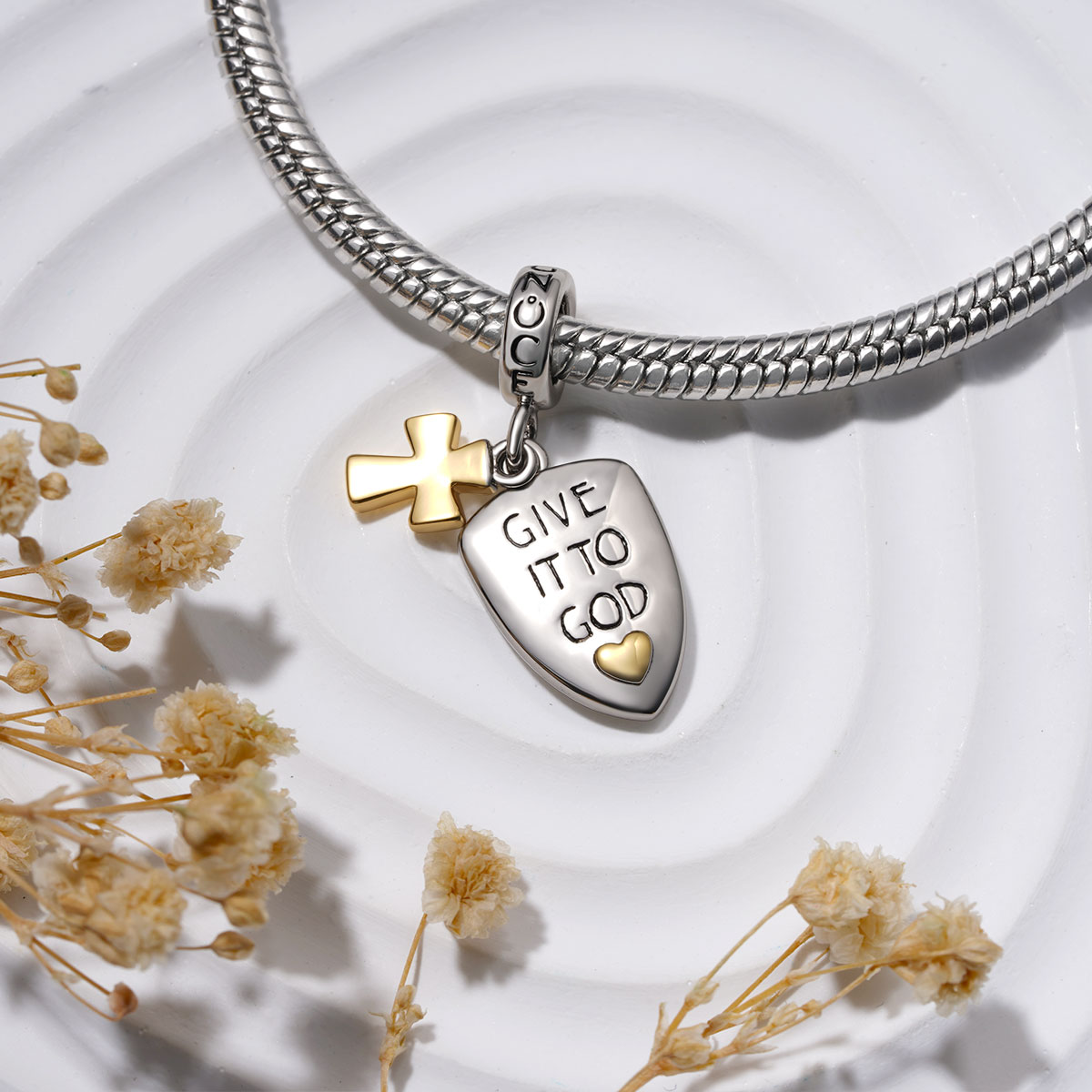 Gnoce "Give it to God" Shield with Cross Pendant Dangle Charm_3