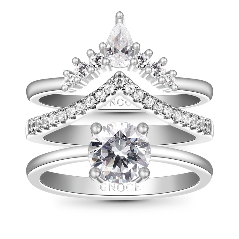 Gnoce Classic Sparkle Round-cut Stackable Ring Set Platinum-plated Silver Blend_1