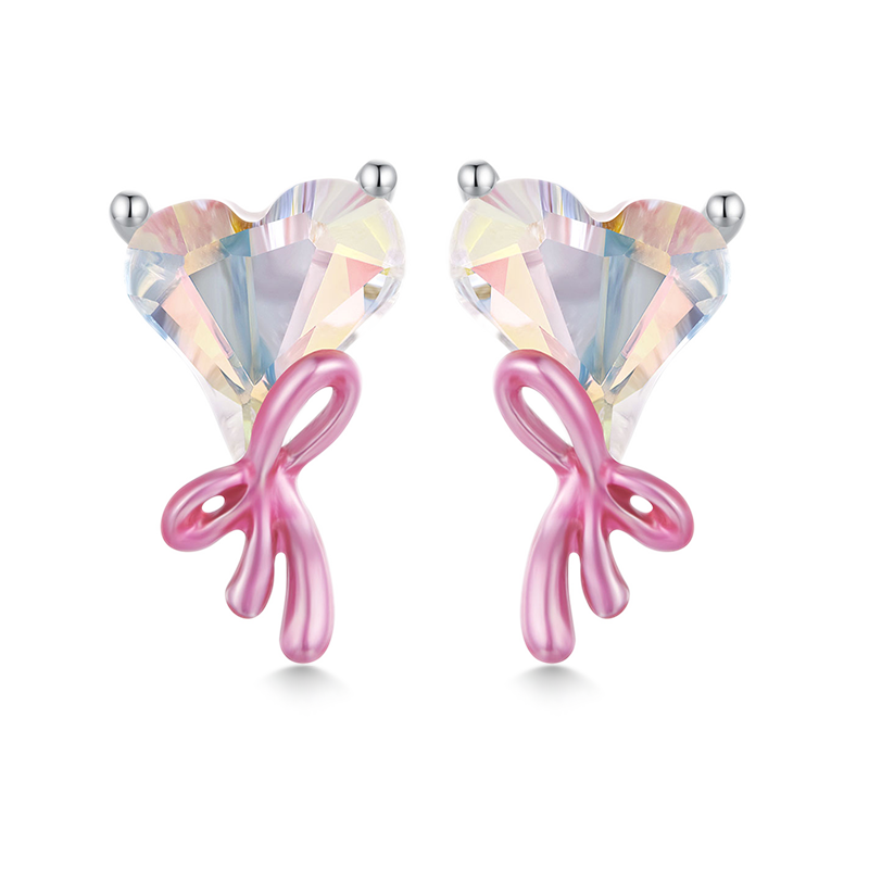 Gnoce Pink Heart Bow Tie Stud Earrings_1