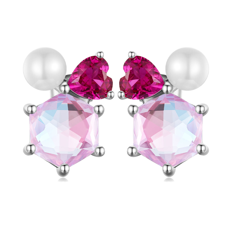 Gnoce Pink Heart Hexagon Pearl Stud Earrings_1