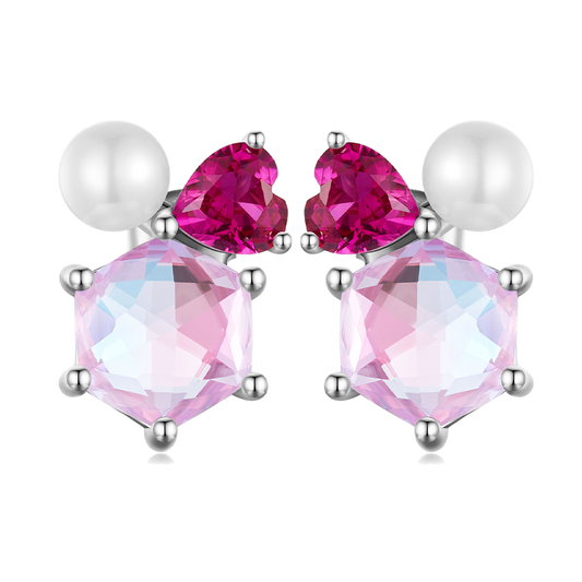 Gnoce Pink Heart Hexagon Pearl Stud Earrings_1