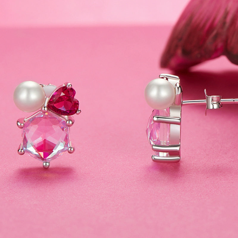 Gnoce Pink Heart Hexagon Pearl Stud Earrings_2