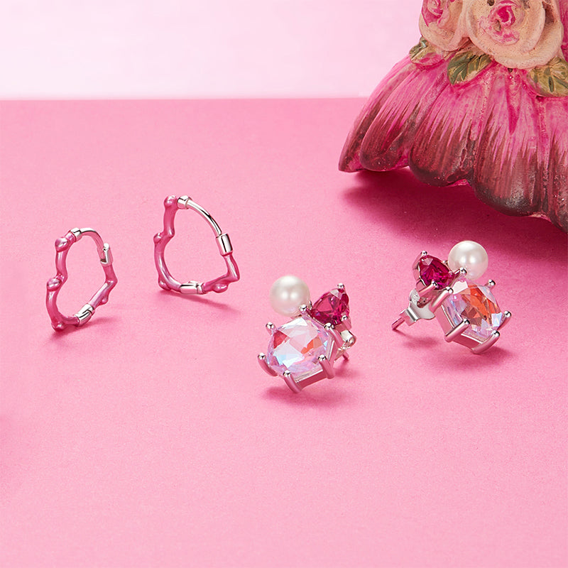 Gnoce Pink Heart Hexagon Pearl Stud Earrings_3