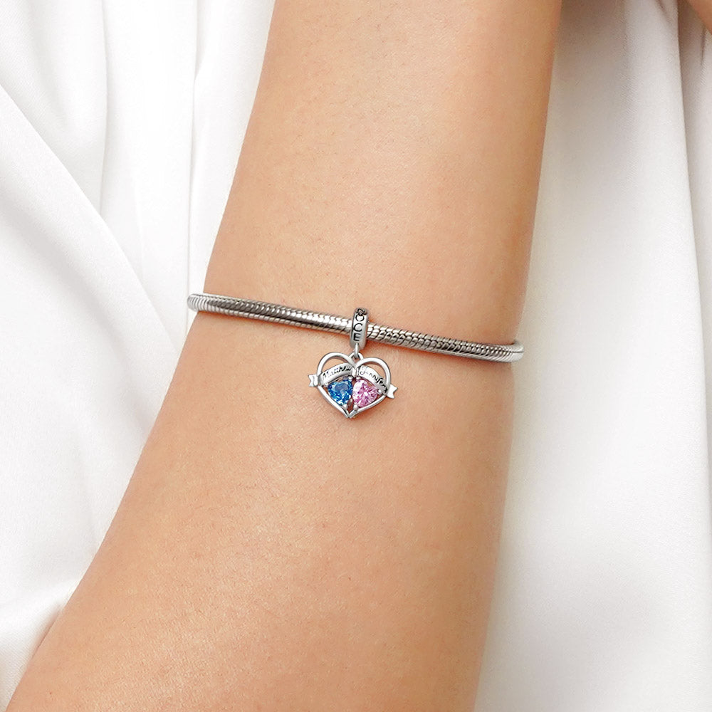 Gnoce Double Heart Engravable Name Birthstone Charm Platinum-plated Silver Blend_7