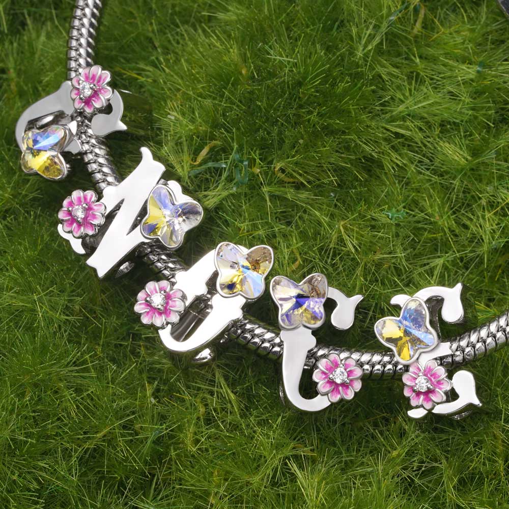Gnoce Initial Letter Flower Personalized Charm Platinum-plated Silver Blend_3