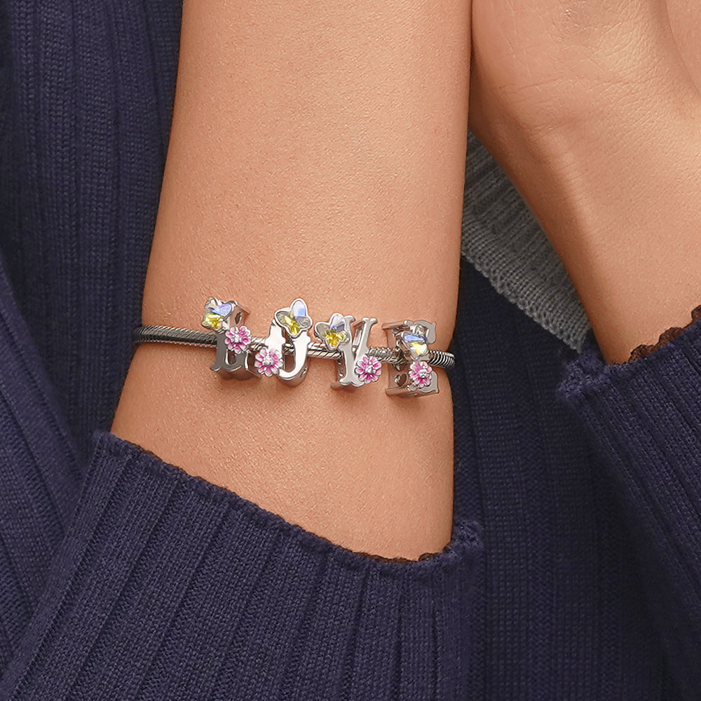Gnoce Initial Letter Flower Personalized Charm Platinum-plated Silver Blend_5