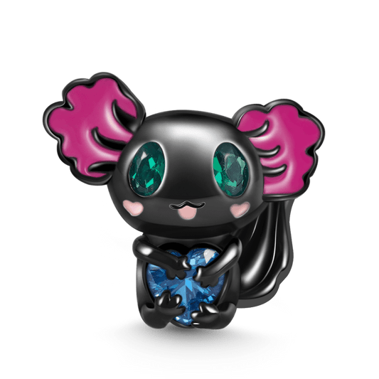 Mexican Axolotl Embraces Heart Gemstone Charm Bead Sterling Silver Black Plated_1