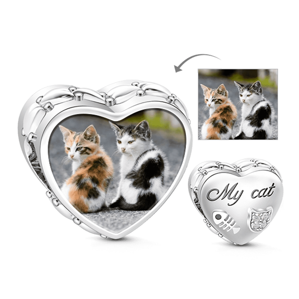 Gnoce Heart Cute Animal Cat Photo Charm Platinum-plated Silver Blend_1