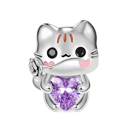 Cute Cat Embraces Heart Gemstone Charm Bead 925 Sterling Silver_1