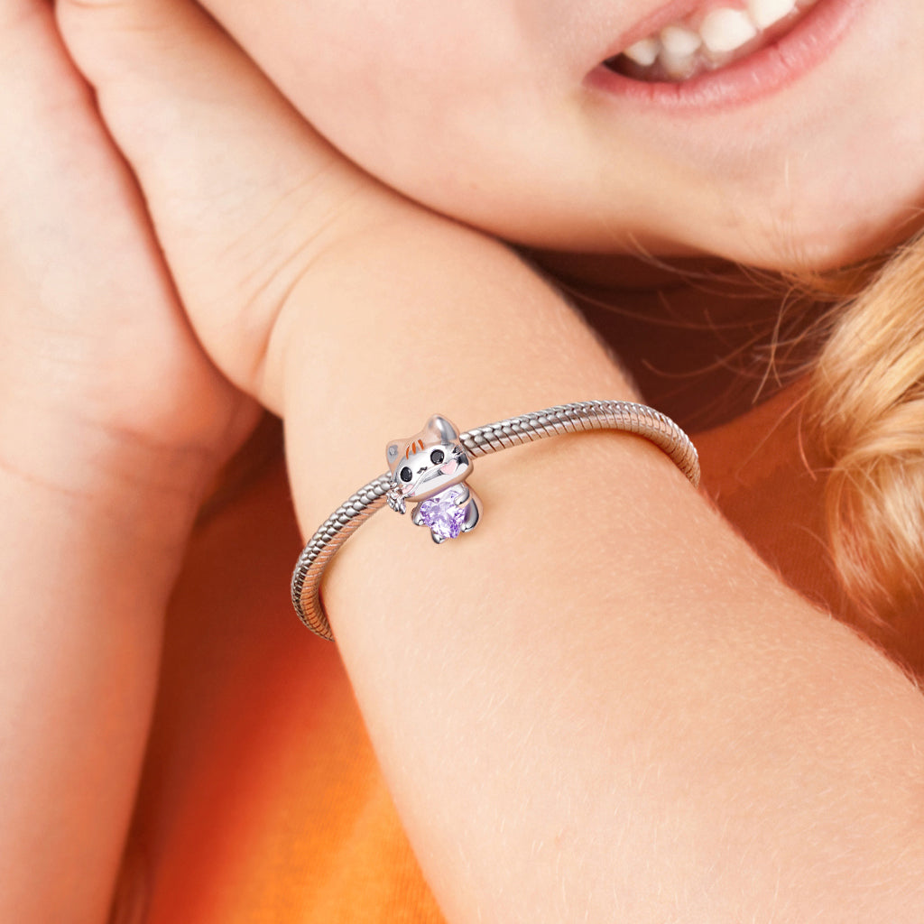 Cute Cat Embraces Heart Gemstone Charm Bead 925 Sterling Silver_4