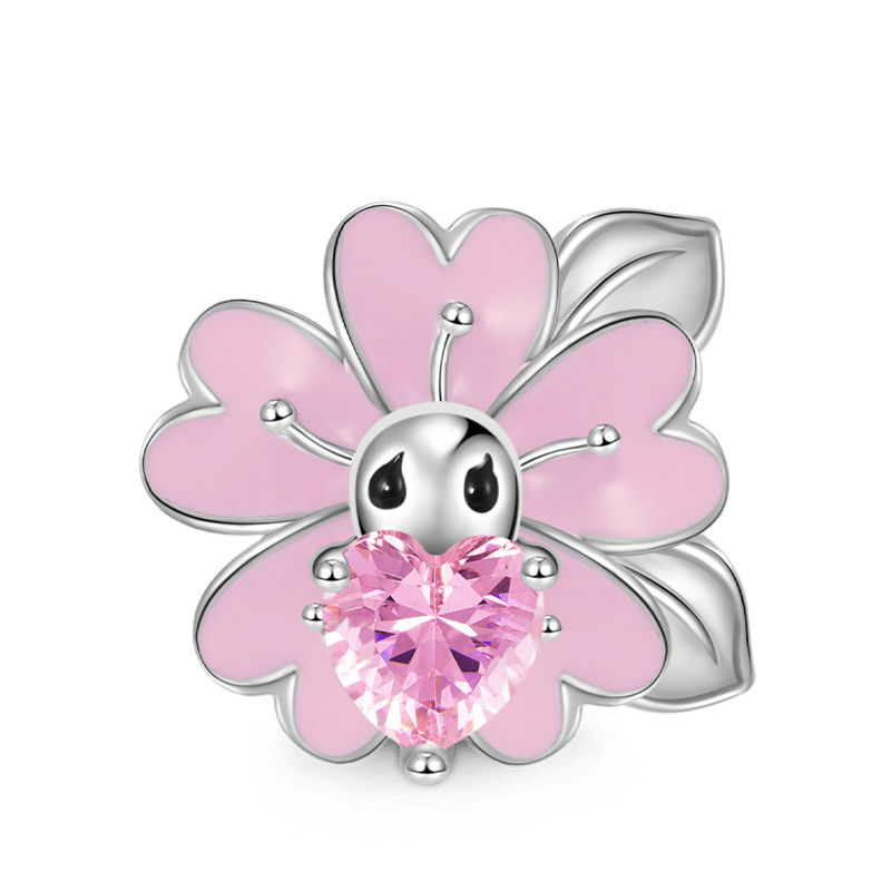 Cherry Blossoms Embraces Heart Gemstone Charm Bead 925 Sterling Silver with Pink Enamels_1