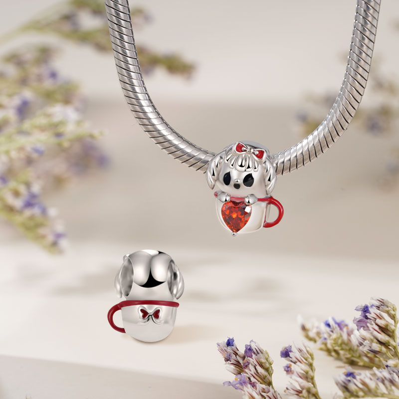 Cute Teacup Dog Embraces Heart Gemstone Charm Bead 925 Sterling Silver_2