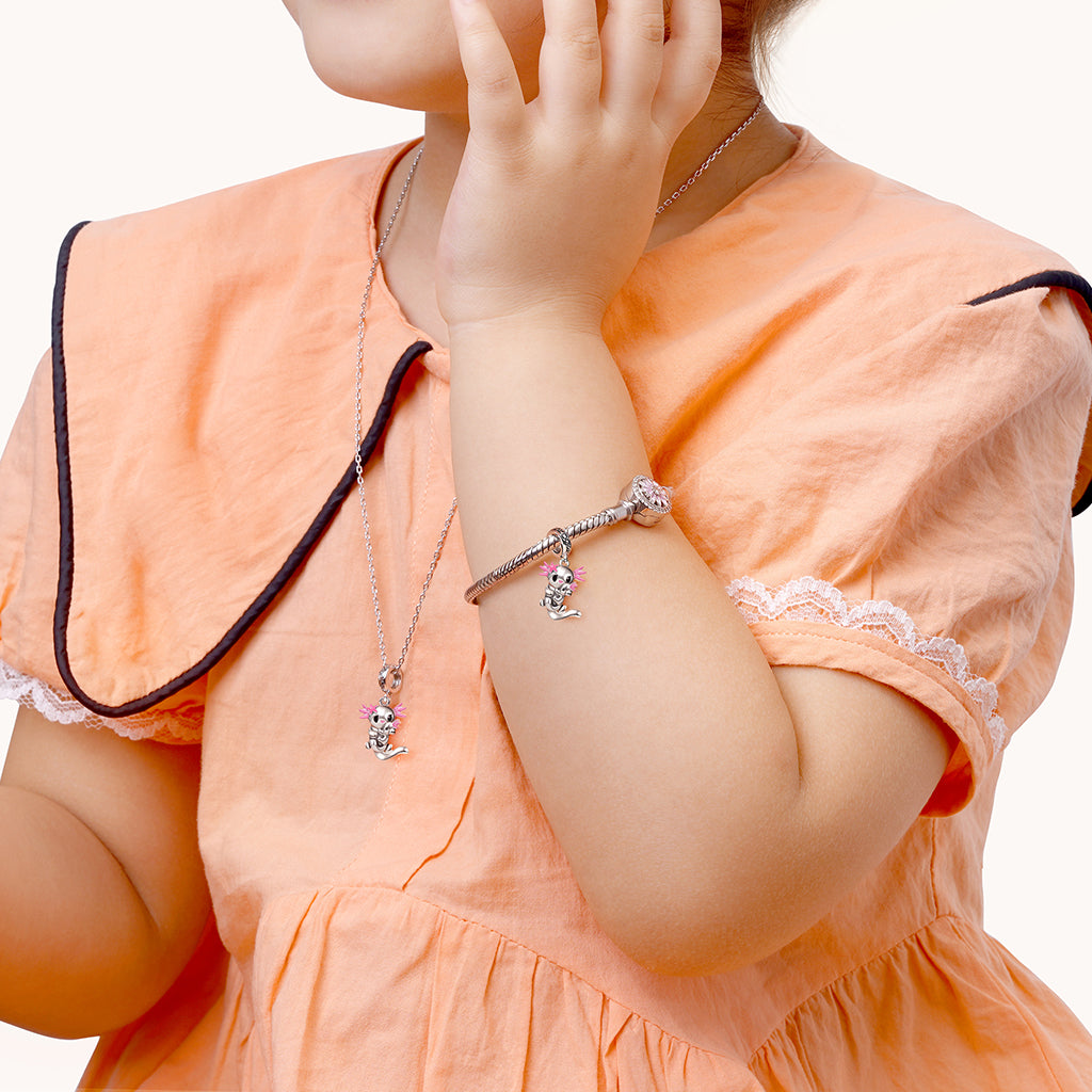 Gnoce Embrace Love Sakura Mexican Axolotl & Baby Pendant Dangle Charm_4