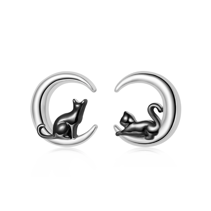 Gnoce Black Cat Moon Stud Earrings Platinum-plated Silver Blend_1
