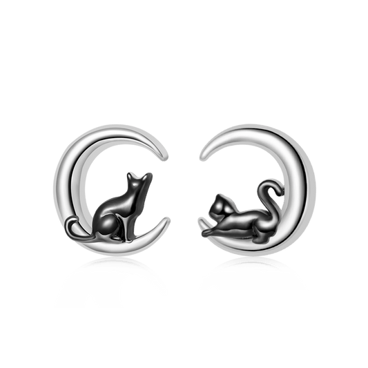 Gnoce Black Cat Moon Stud Earrings Platinum-plated Silver Blend_1