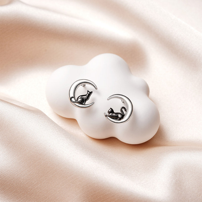 Gnoce Black Cat Moon Stud Earrings Platinum-plated Silver Blend_2