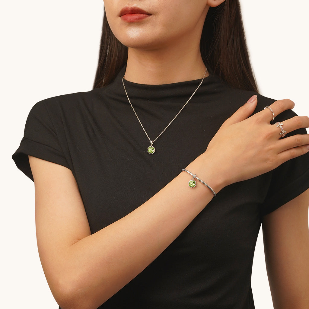 Gnoce Lucky Green Four-leaf Clover Charm Platinum-plated Silver Blend_4