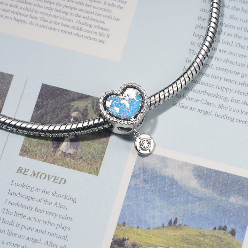 Gnoce World Map Heart Charm Platinum-plated Silver Blend_3
