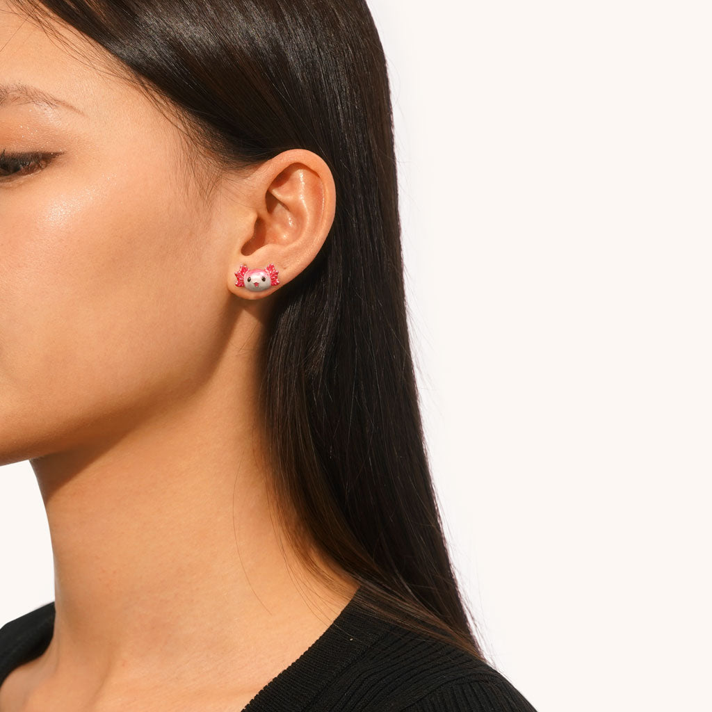 Gnoce Pink Mexican Axolotl Stud Earrings Platinum-plated Silver Blend_4