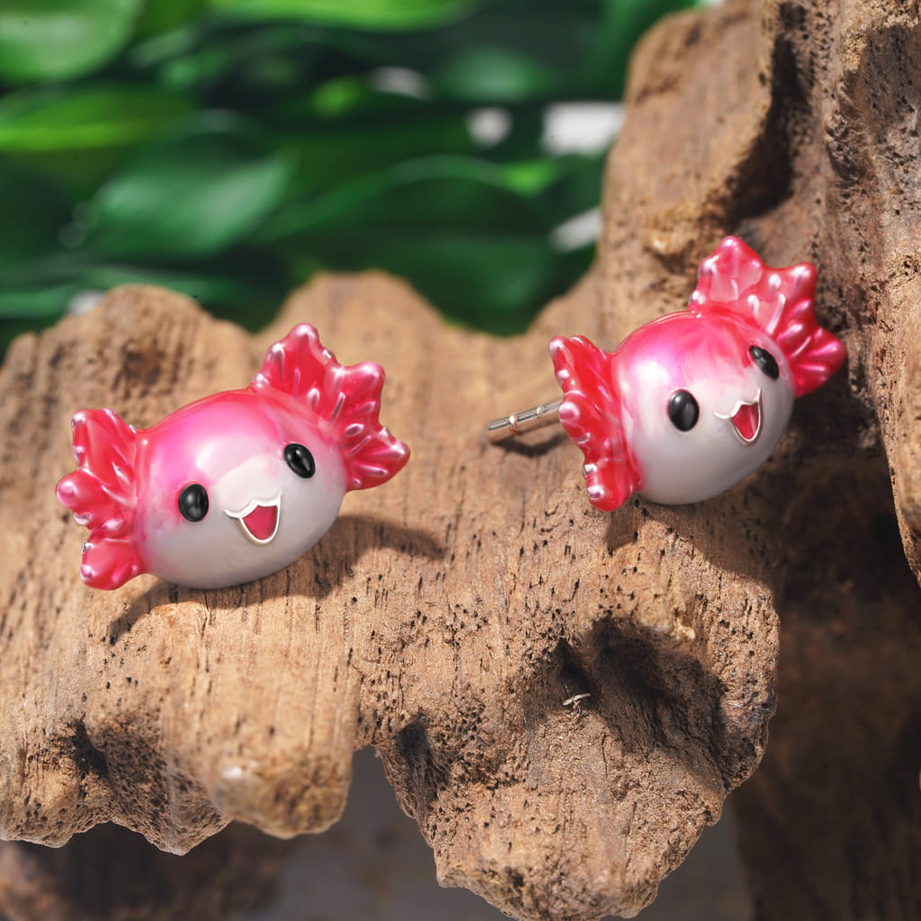 Gnoce Pink Mexican Axolotl Stud Earrings Platinum-plated Silver Blend_3