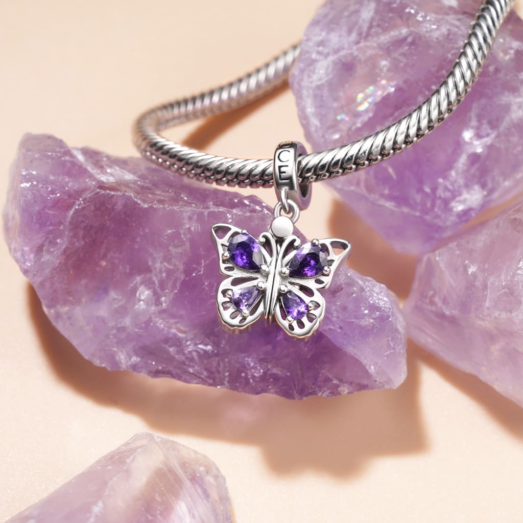 Gnoce Openable Purple Butterfly Engravable Charm Platinum-plated Silver Blend_5