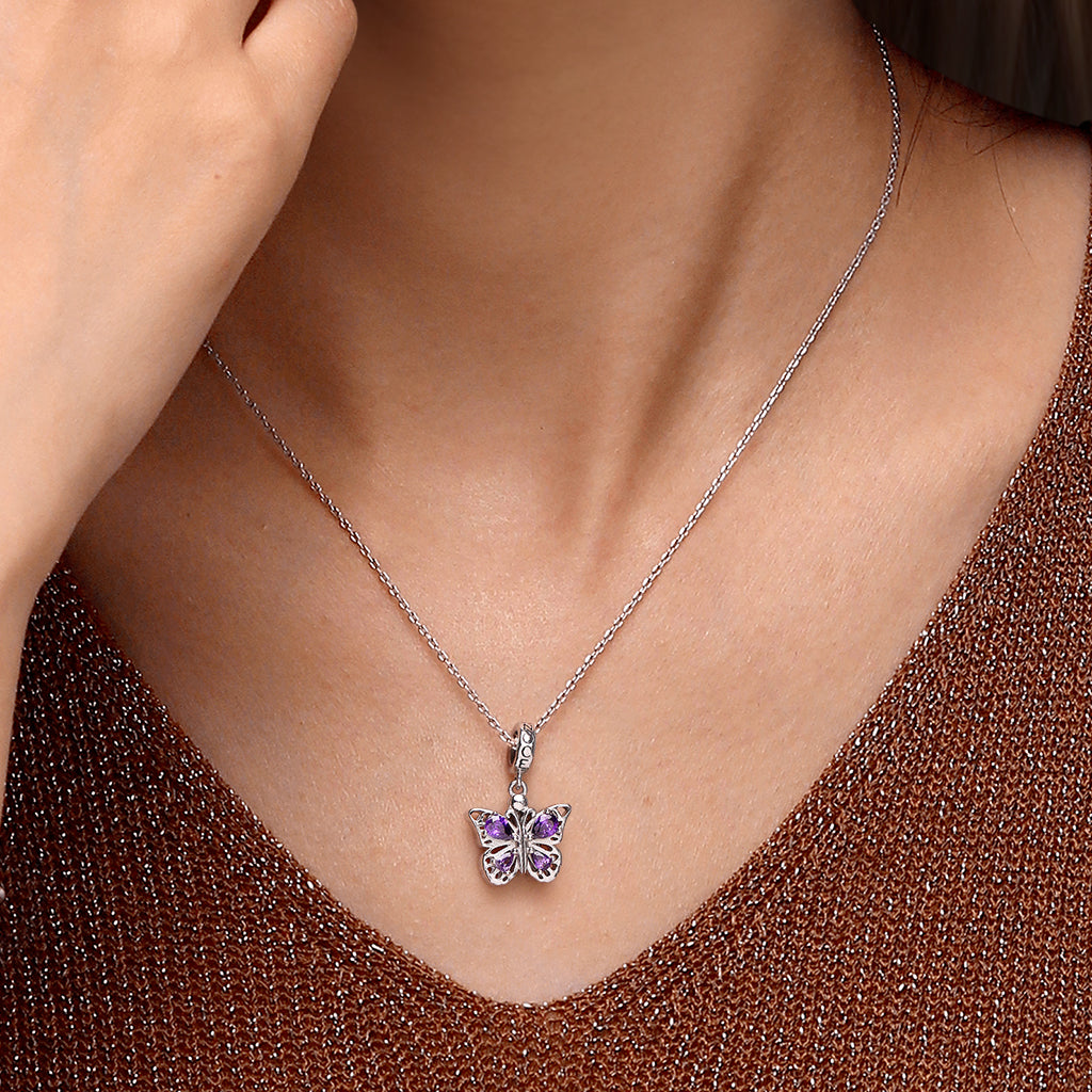 Gnoce Openable Purple Butterfly Engravable Charm Platinum-plated Silver Blend_7