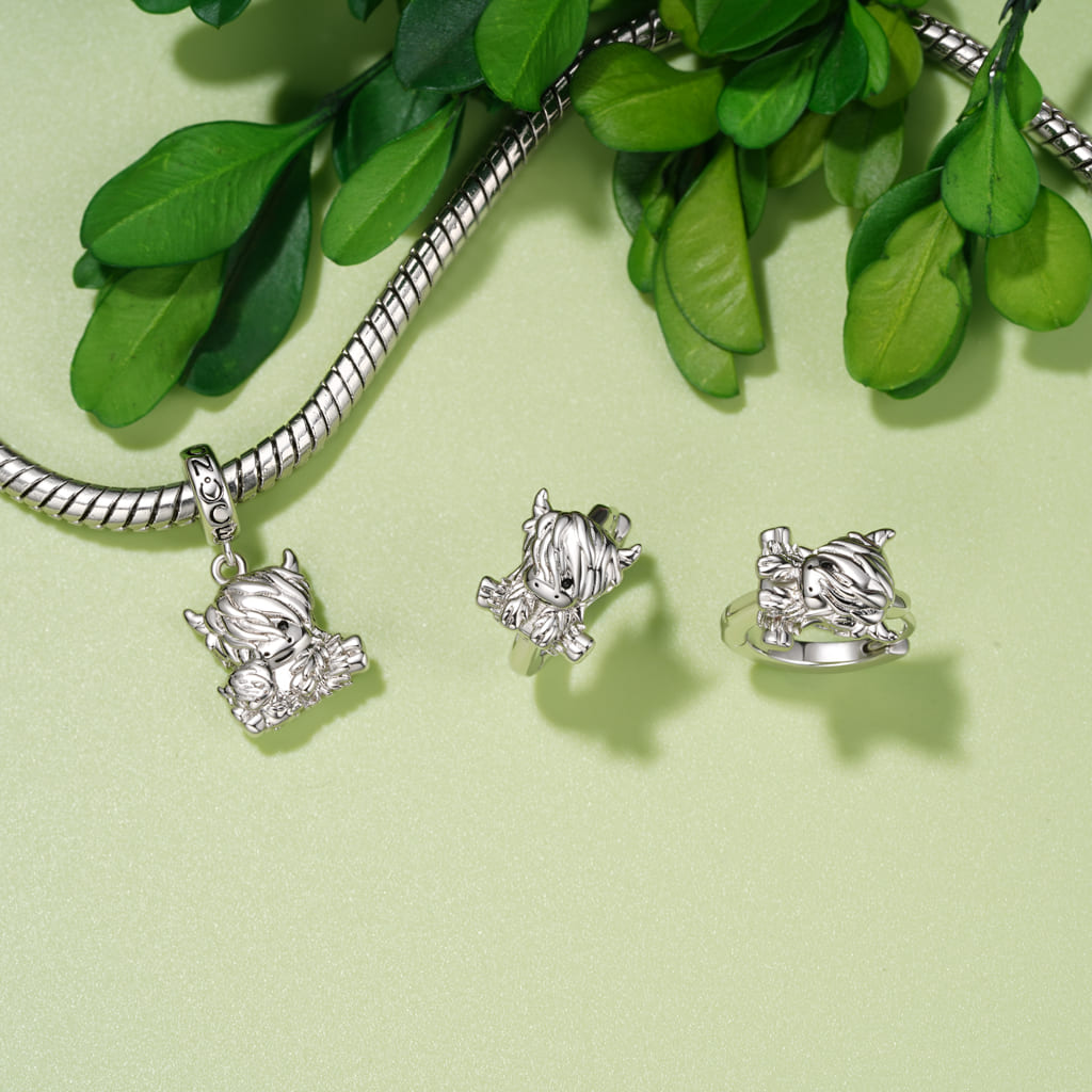 Gnoce Highland Cow Mother and Child Charm Platinum-plated Silver Blend_3