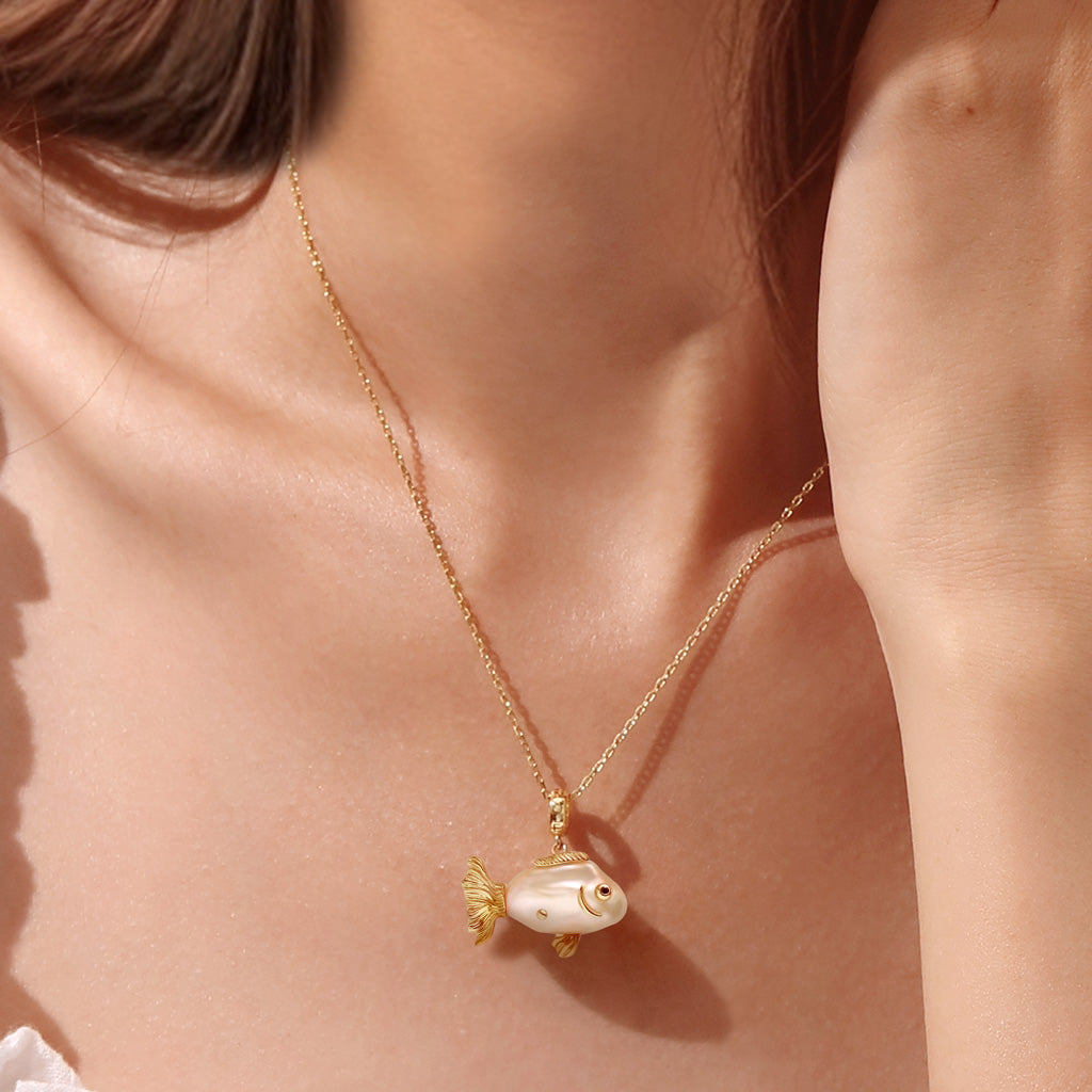 Gnoce Orange Goldfish Baroque Pearl Pendant Dangle Charm_3