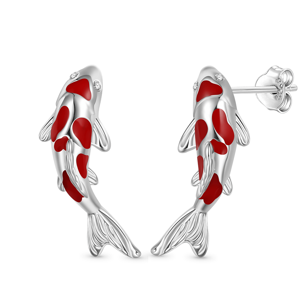 Gnoce Red Koi Fish Stud Earrings Platinum-plated Silver Blend_2