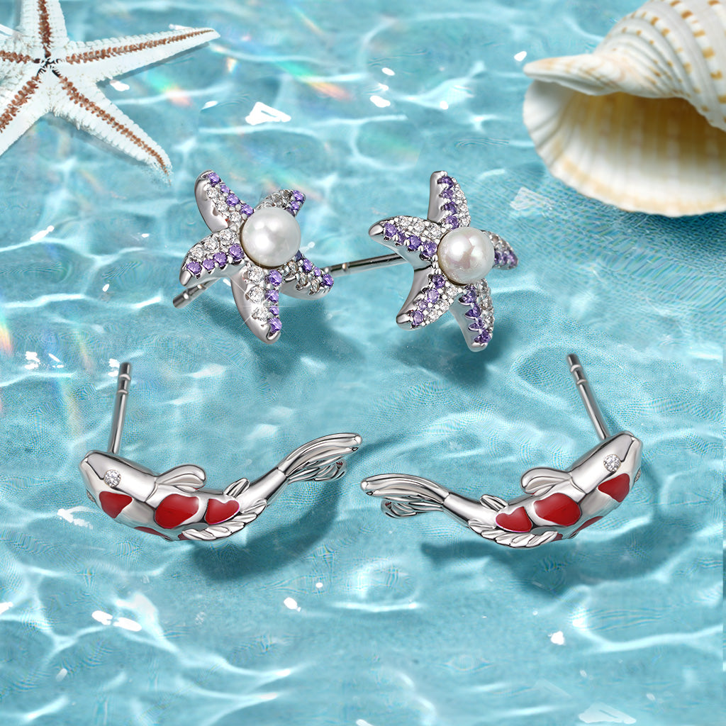 Gnoce Red Koi Fish Stud Earrings Platinum-plated Silver Blend_3
