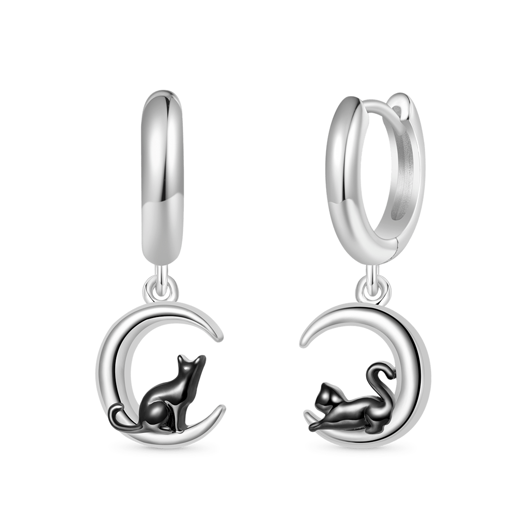 Gnoce Black Cat Moon Asymmetric Hoop Earrings Platinum-plated Silver Blend_2