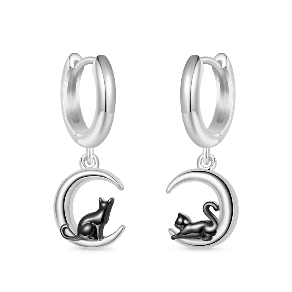 Gnoce Black Cat Moon Asymmetric Hoop Earrings Platinum-plated Silver Blend_1