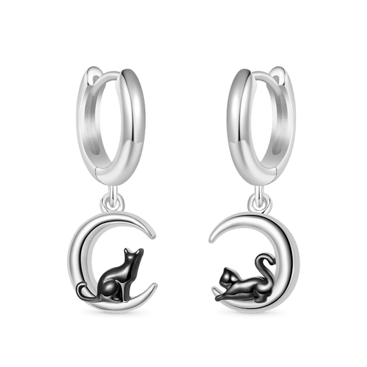 Gnoce Black Cat Moon Asymmetric Hoop Earrings Platinum-plated Silver Blend_1