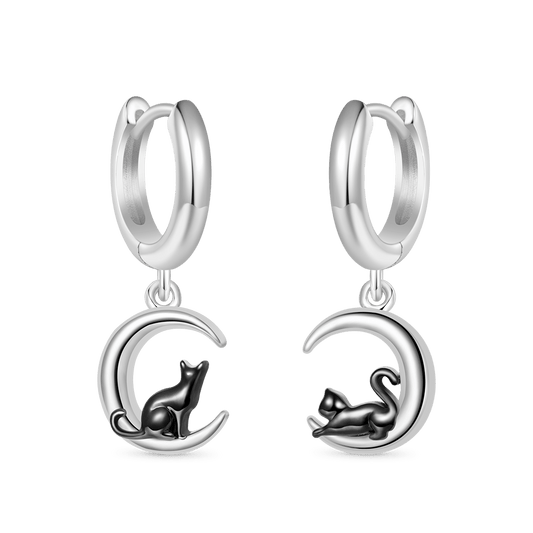 Gnoce Black Cat Moon Asymmetric Hoop Earrings_1