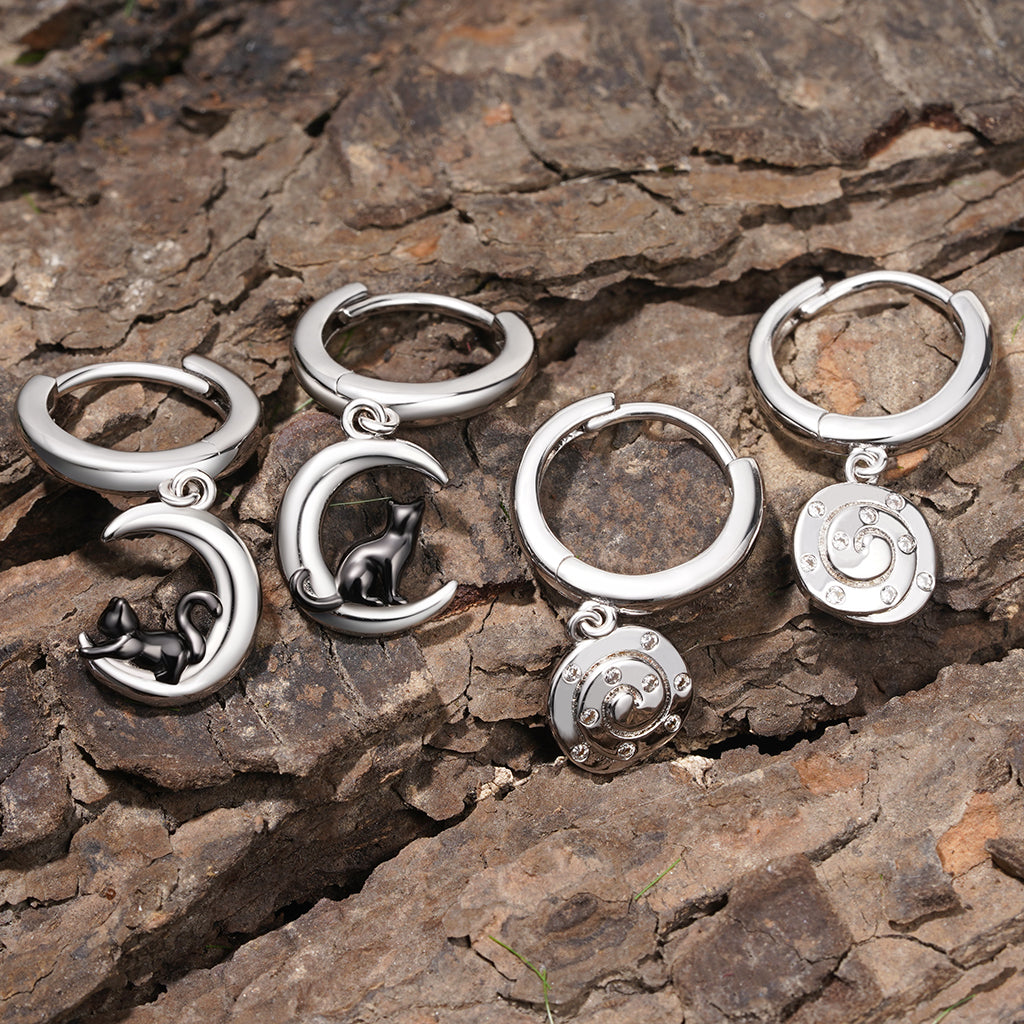 Gnoce Black Cat Moon Asymmetric Hoop Earrings Platinum-plated Silver Blend_3