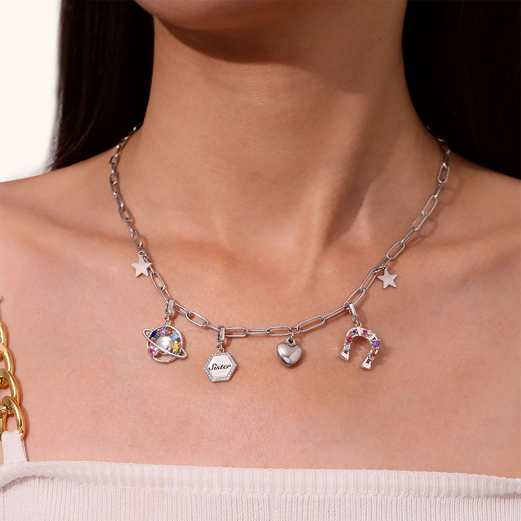 Gnoce Hexagon Sister Family Clasp Clusters Charm Platinum-plated Silver Blend_5