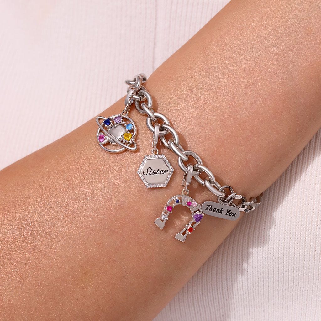Gnoce Hexagon Sister Family Clasp Clusters Charm Platinum-plated Silver Blend_6