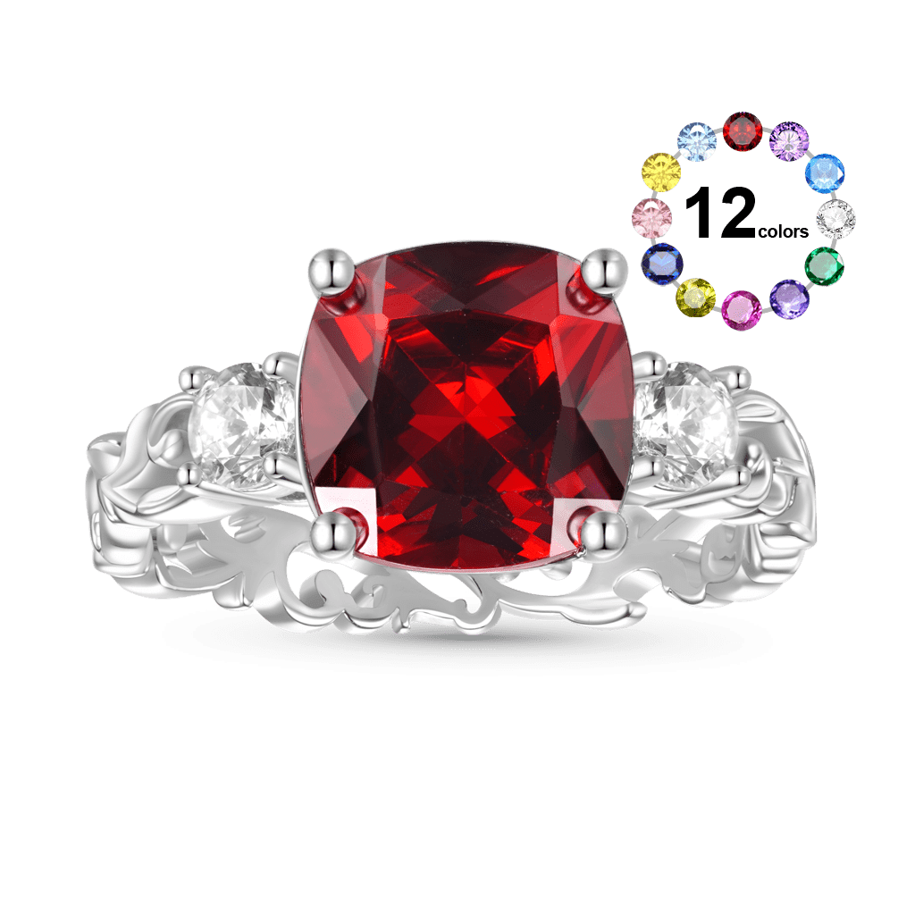 Gnoce Curly Grass Pattern Square-cut Red Birthstone Ring_1