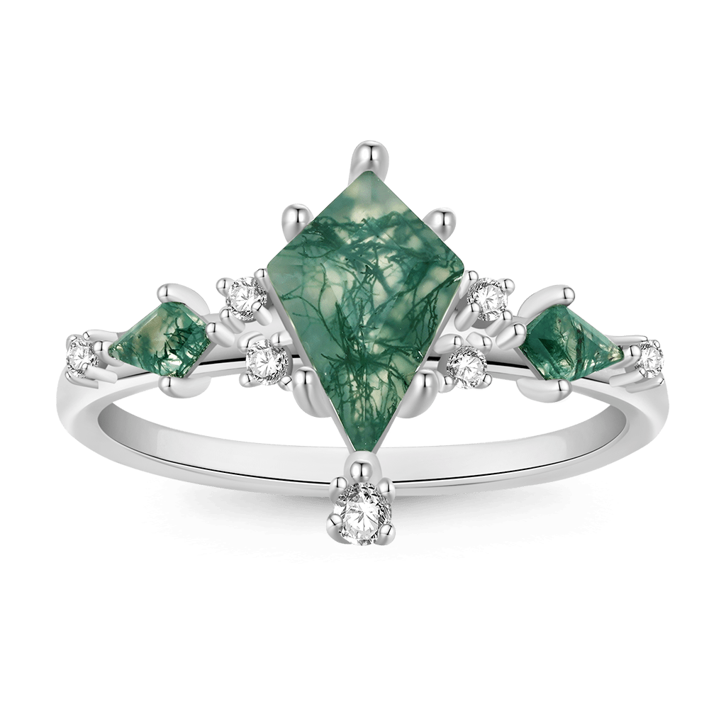 Gnoce Moss Agate Kite-shape Solitaire Ring Platinum-plated Silver Blend_1