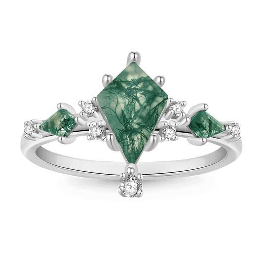 Gnoce Moss Agate Kite-shape Solitaire Ring Platinum-plated Silver Blend_1