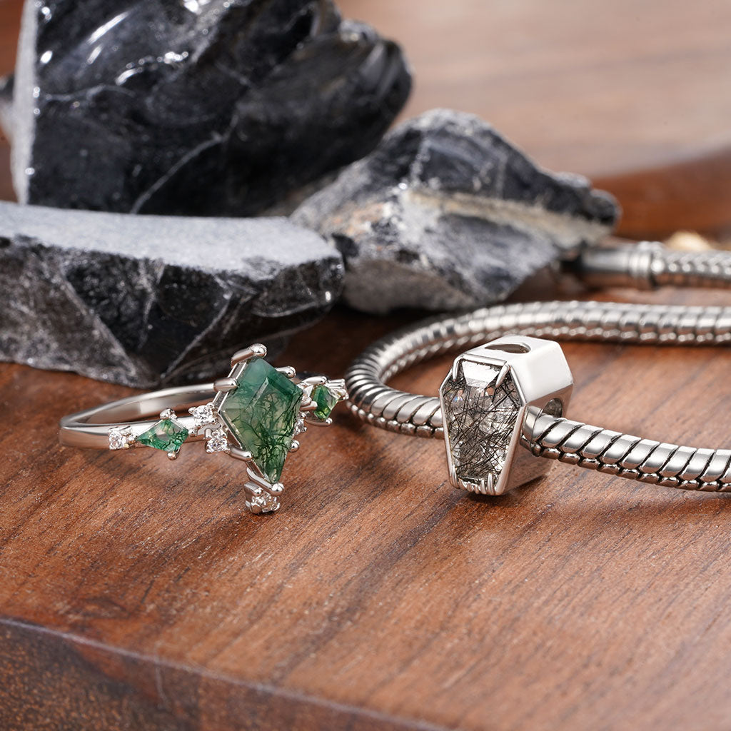 Gnoce Moss Agate Kite-shape Solitaire Ring Platinum-plated Silver Blend_3