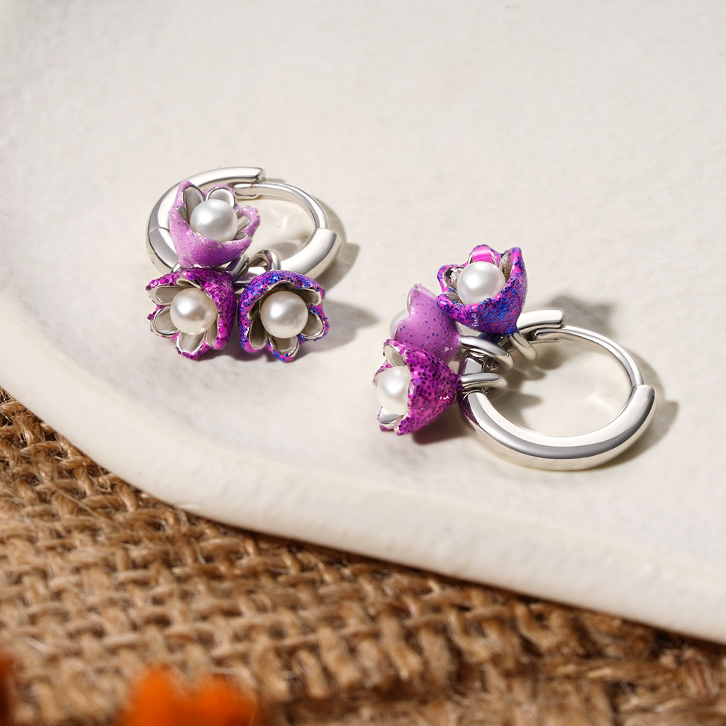 Gnoce Purple Tulip Pearl Stamen Hoop Earrings Platinum-plated Silver Blend_3