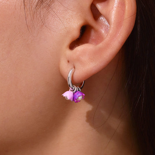 Gnoce Purple Tulip Pearl Stamen Hoop Earrings Platinum-plated Silver Blend_5