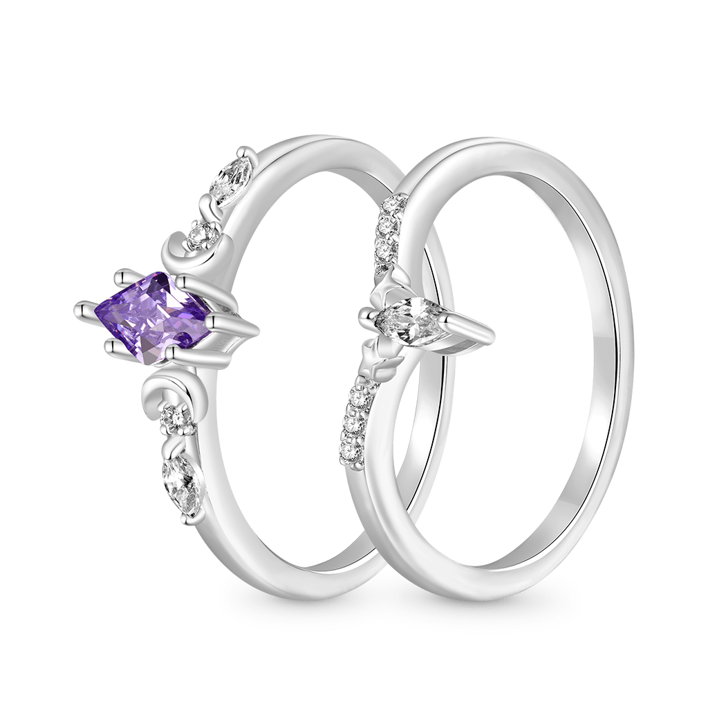 Gnoce Diamond-cut Star Moon Stackable Rings Platinum-plated Silver Blend_2