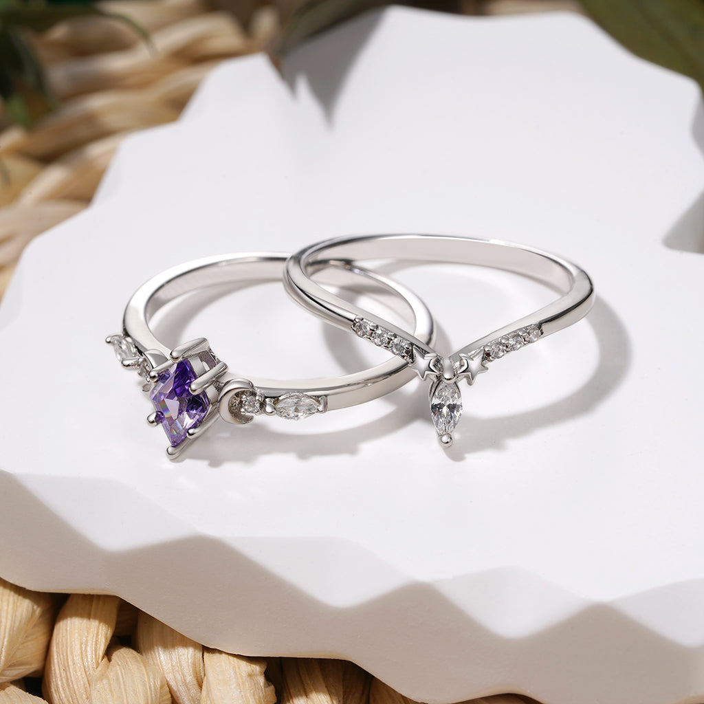 Gnoce Diamond-cut Star Moon Stackable Rings Platinum-plated Silver Blend_3