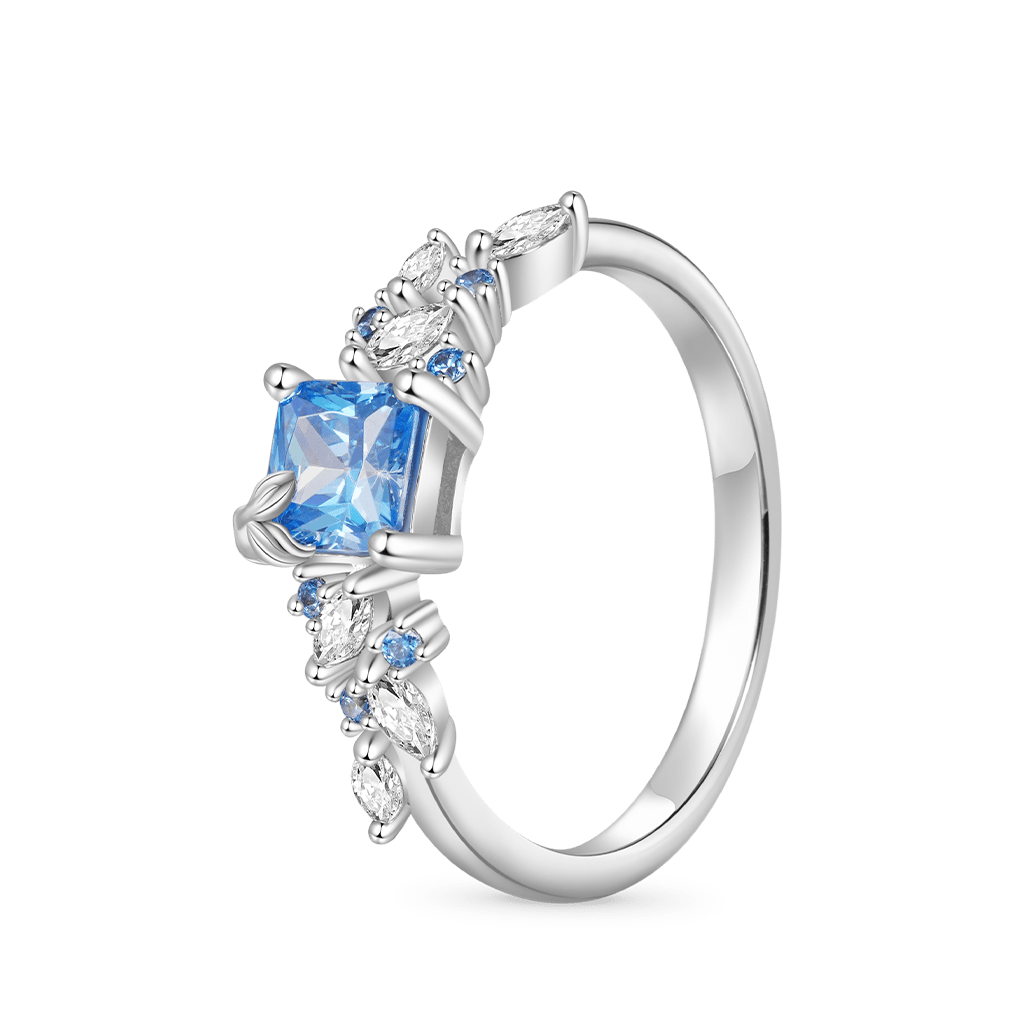 Gnoce Aquamarine Square Chamfer Cut Leafs Ring Platinum-plated Silver Blend_2