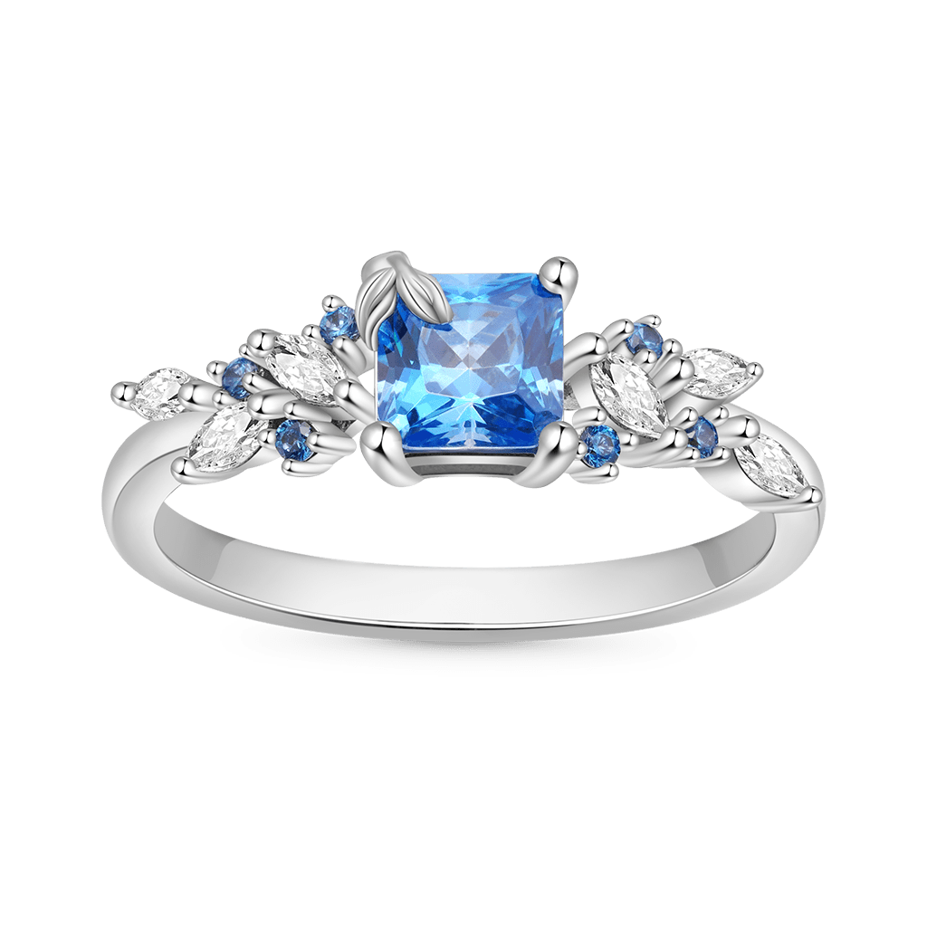 Gnoce Aquamarine Square Chamfer Cut Leafs Ring Platinum-plated Silver Blend_1