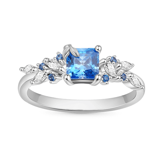 Gnoce Aquamarine Square Chamfer Cut Leafs Ring Platinum-plated Silver Blend_1