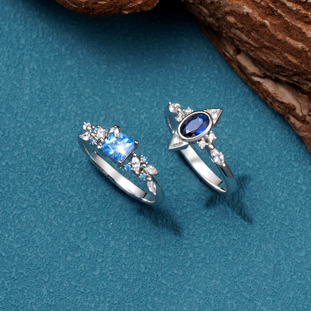 Gnoce Aquamarine Square Chamfer Cut Leafs Ring Platinum-plated Silver Blend_3