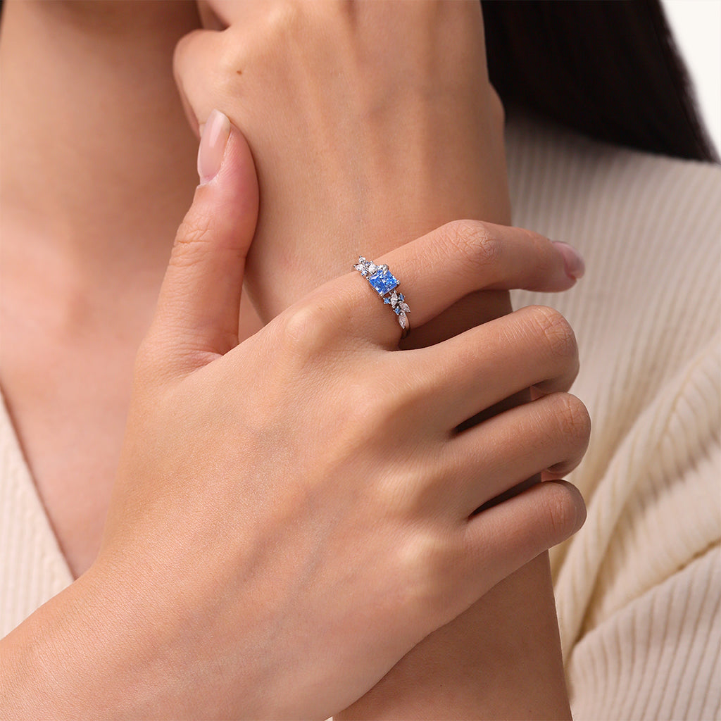 Gnoce Aquamarine Square Chamfer Cut Leafs Ring Platinum-plated Silver Blend_4